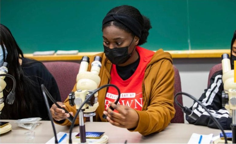 Student using a microscope in a classroom