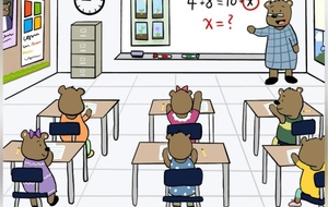 Illustration of a bear teacher and students in a classroom