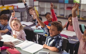 Elementary students raising their hands in class