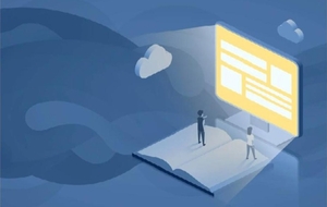 Illustration of people standing on an open book before a glowing screen