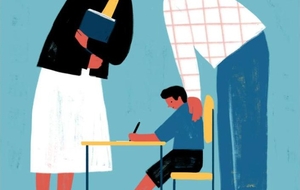 Illustration of a teacher and a parent facing each other over a child at a desk